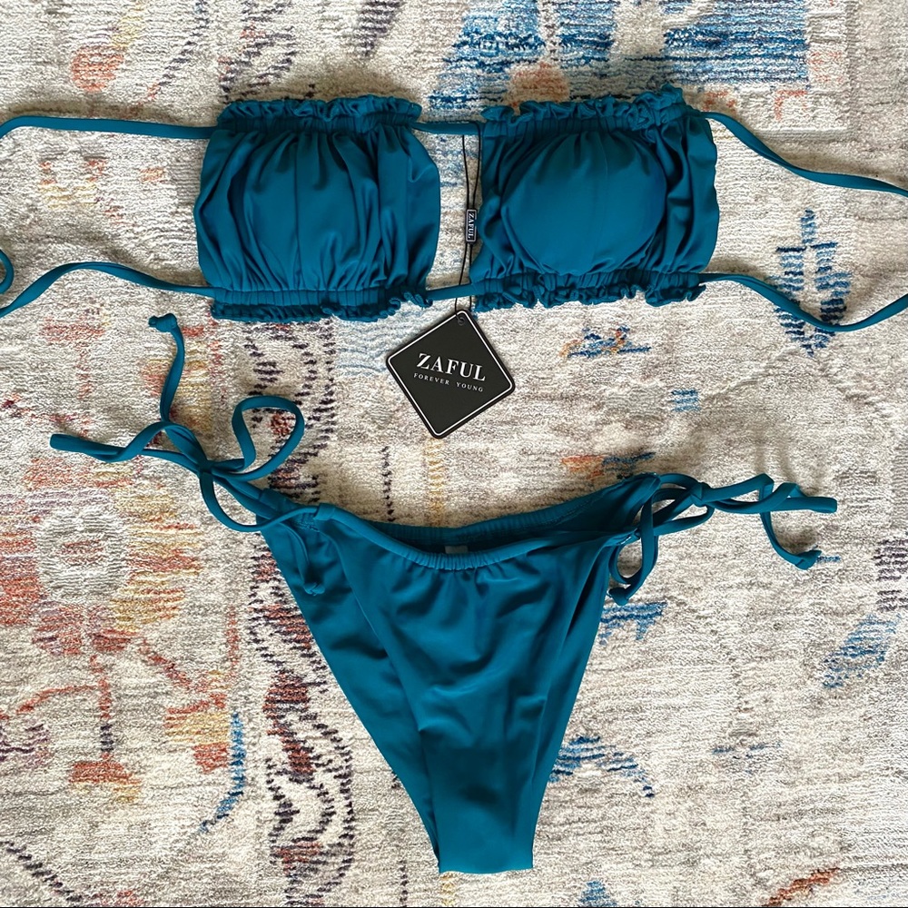 NWT ZAFUL Size S Adjustable Teal Bandeau Bikini with Brazilian Bottom